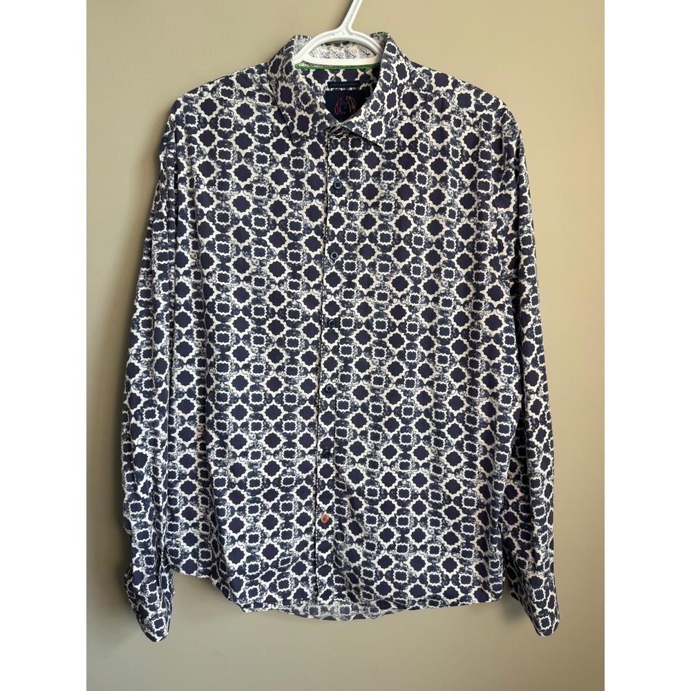 John‎ Lennon Blue White Geometric Print Button Up Shirt L Psychedelic Indie Boho